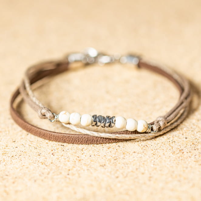 Bracelet pour homme Dominique argenté et beige à multibrins