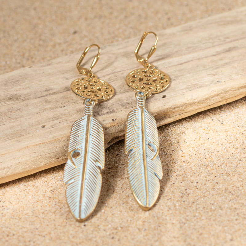 Boucles D'oreilles Originales Plume Naturelle Et Cuir - Couleur Jaune Moutarde/curry/bronze, Clip