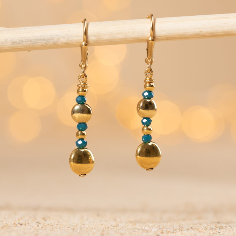 Boucles D'oreilles Bleu Canard/beige - Verre - Pour Mariage Ou Cérémonie - Neuves