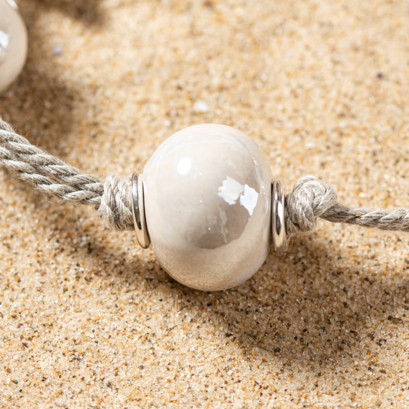 Collier Sautoir Long Perles Ovales Résine Beige Gris - Bijou Rétro - Occasion Très Bon état