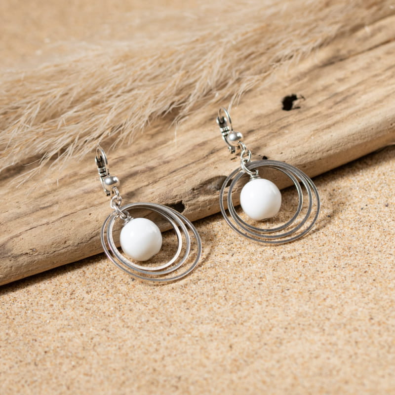 Boucles D'Oreilles Argentées Perles Cabochon Vagues Mer 25mm - Neuf Sans Emballage