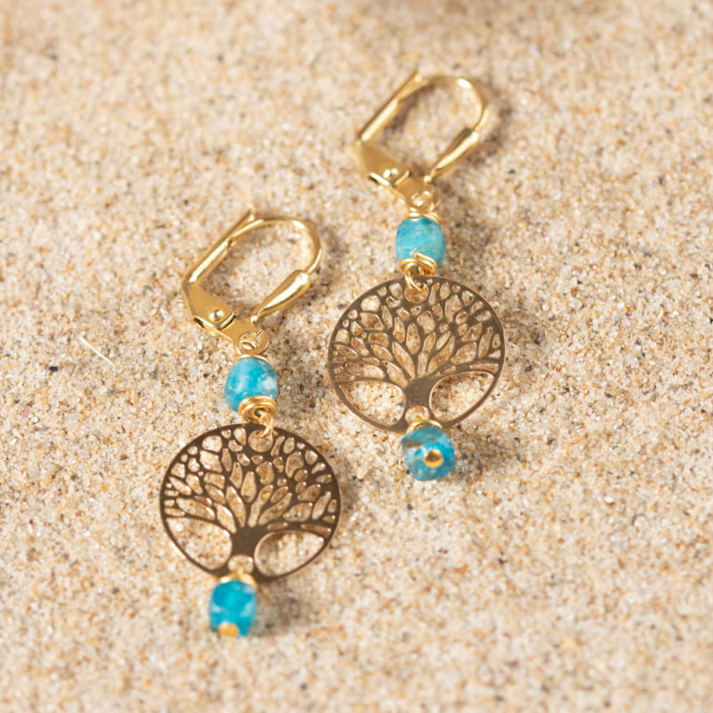 Boucles D'oreilles Pendantes Effet Plage - Couleurs Bleu, Turquoise Et Marron - Neuves Sans Emballage