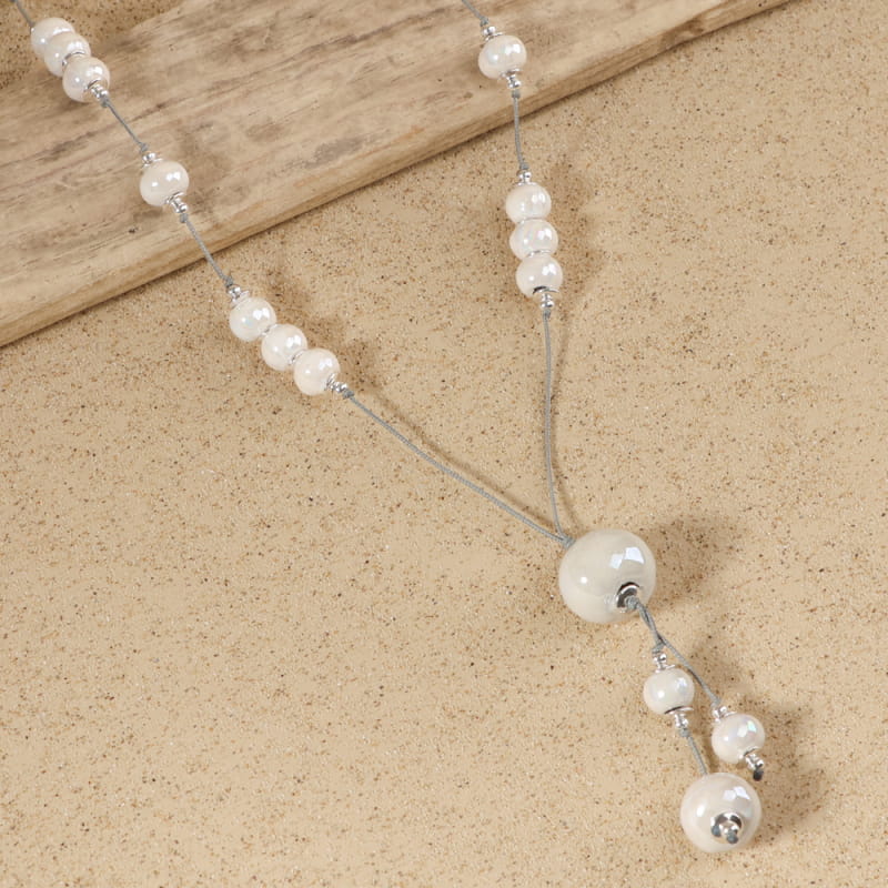 Collier Sautoir Long Perle Blanc Trois Rang Retro Argenté Class Mariage JD 3