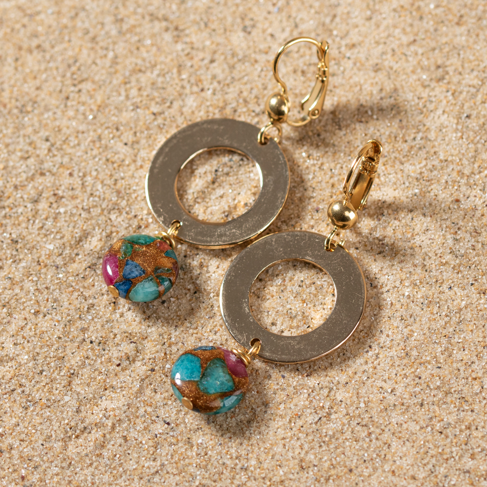 Boucles D'oreilles Pendantes Multicolores Avec Perles - Neuves Sans Emballage