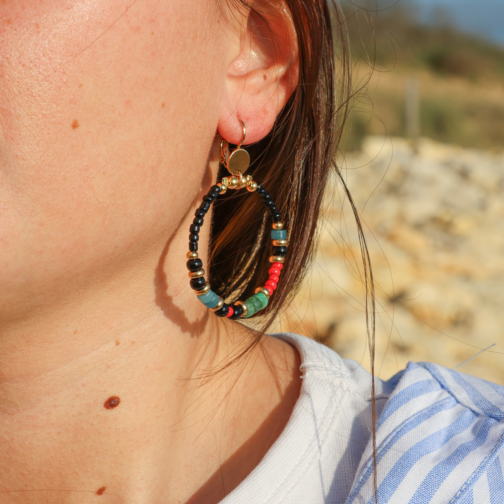 Boucles D'Oreilles Artisanales Turquoise Et Marron - Céramique Et Cuivre, Prix Bas !